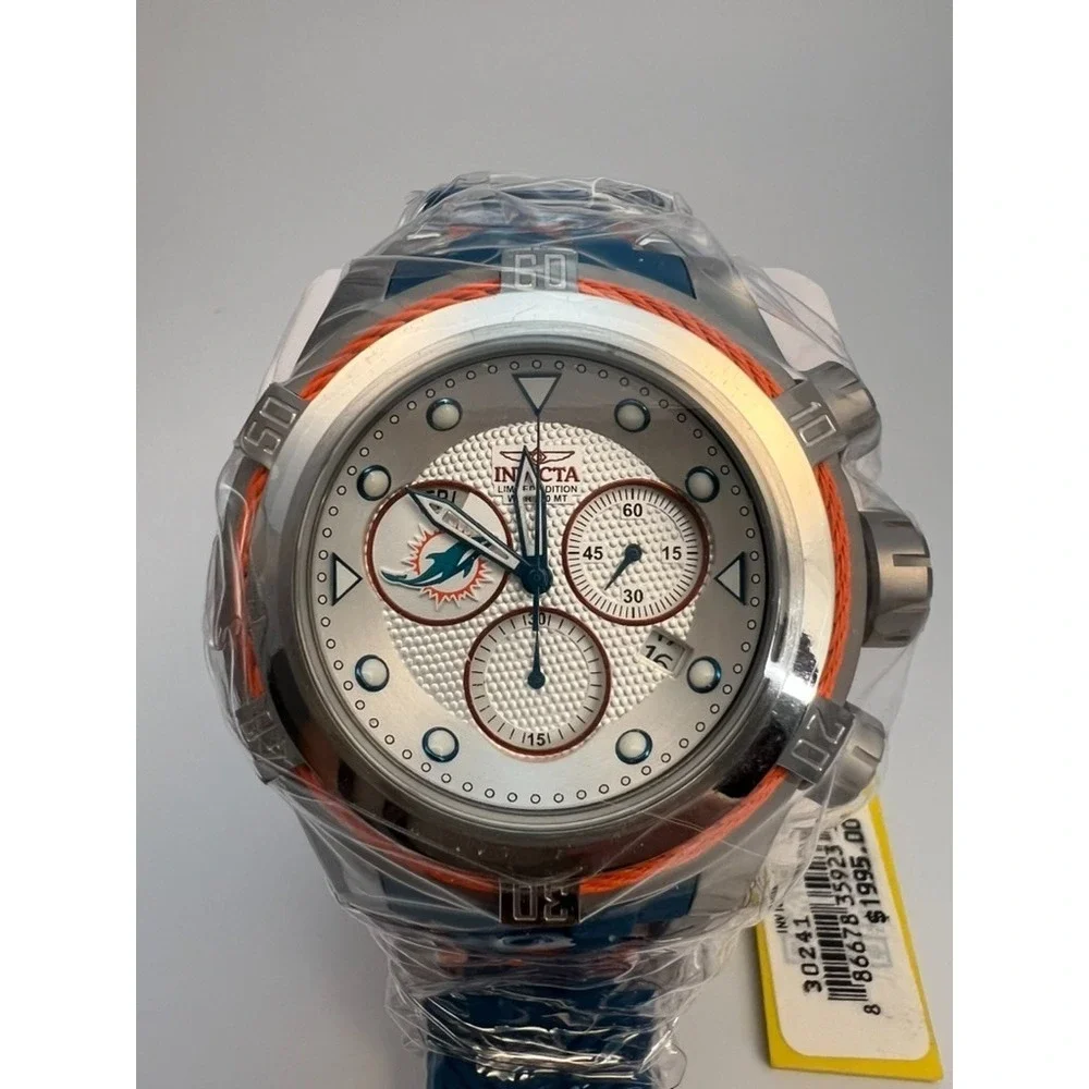 #W039 Invicta NFL Miami Dolphins 30241 Swiss Chronograph 52mm Men's Watch New